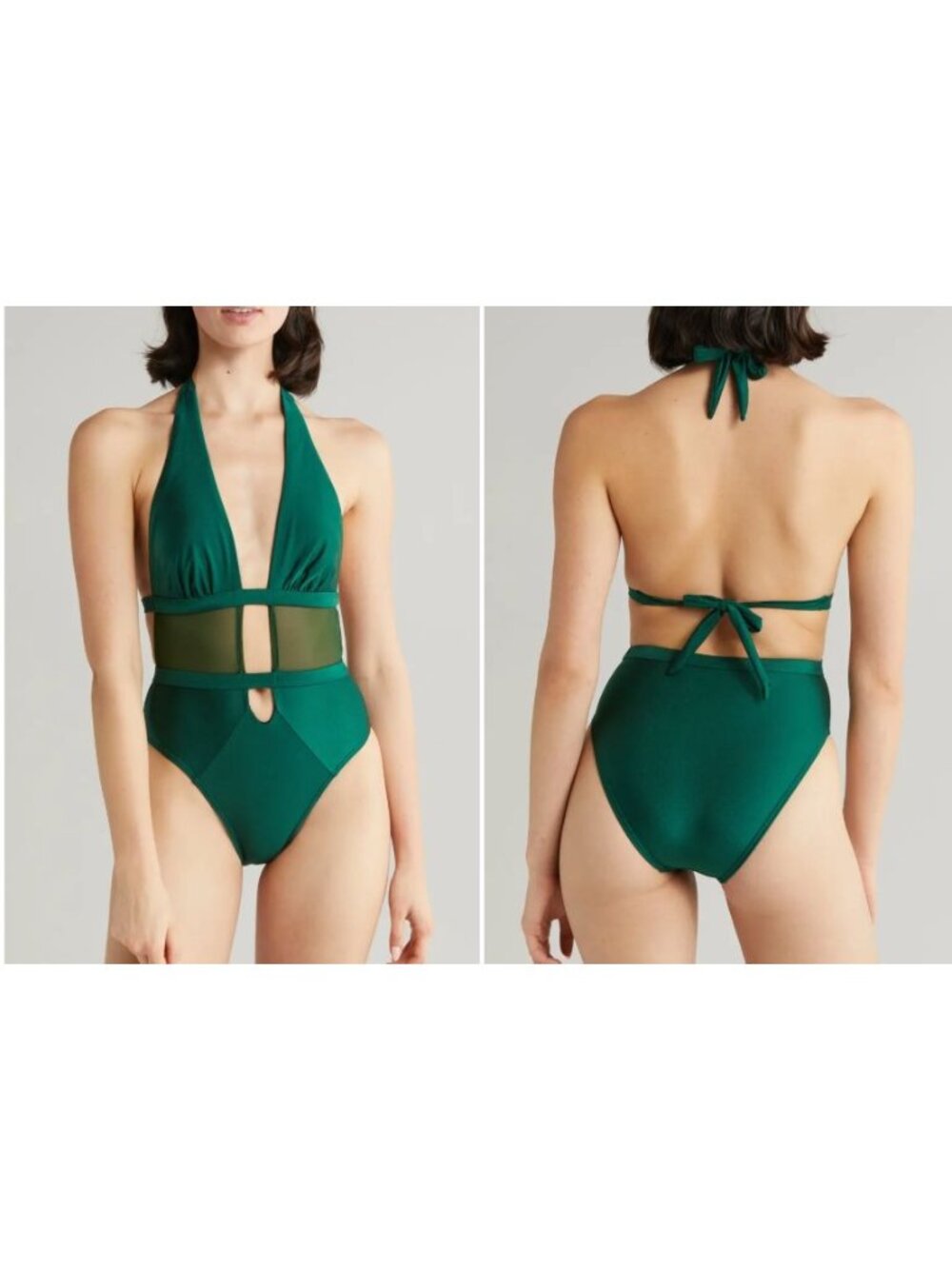 Villa Fresca Stella Plunge Mesh Inset One-Piece Swimsuit, Shiny Green, Sz 22/24